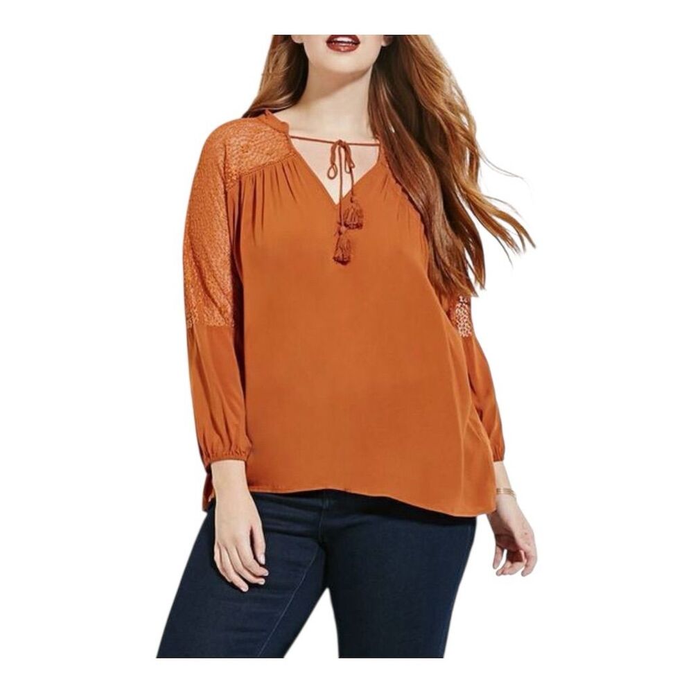 0009. Forever 21 Plus Women's 2X‎ Orange 3/4 Sleeve Mesh Shoulder Tassel Top